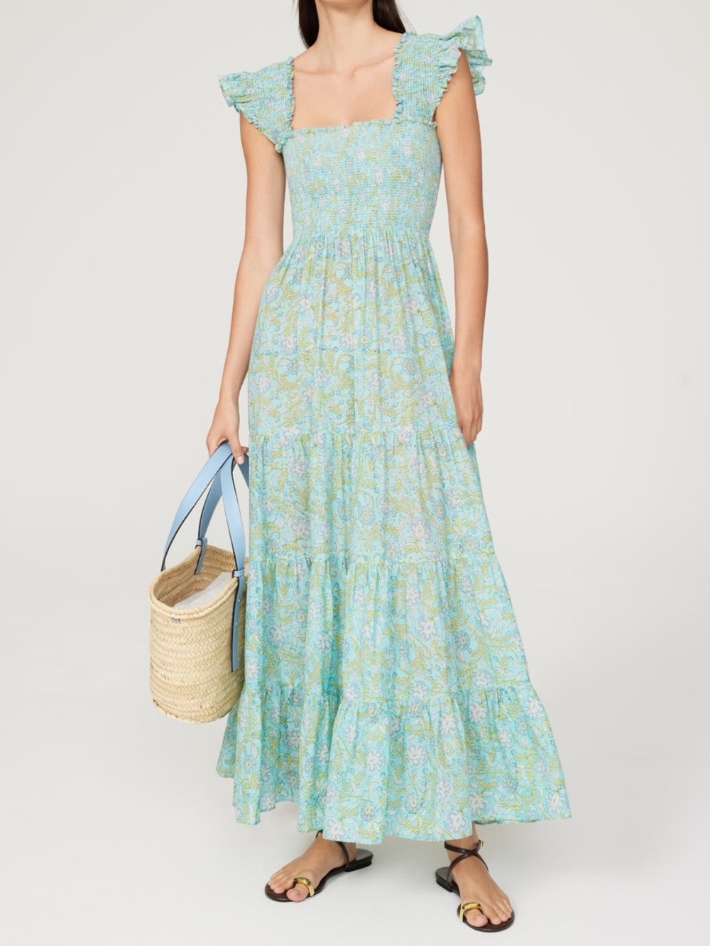 RIXO Kendall Light Blue Smocked Maxi/midi Dress
